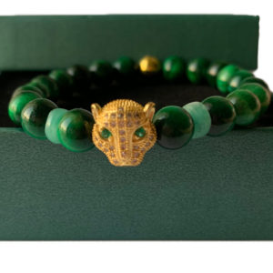 Emerald Emeralds Green Gift THE LEO Genuine Natural Colombian Emerald 2 wheels with green cat eye (8mm) and 18k gold plated and zircons leopard head charm bracelet