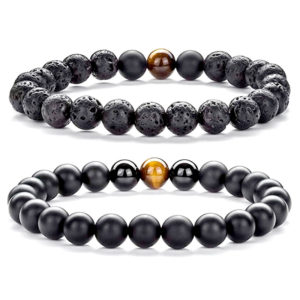 Bracelets Set Men Fashion Natural Volcanic Lava, Tiger Eye and Matte Onyx Style Gift for Men