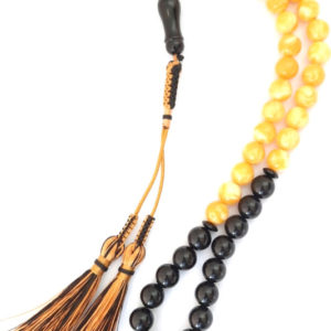 Muslim Prayer Beads Natural Yellow and Black Amber Sand with Red and Yellow Handmade Tassel