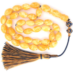 Prayer Beads Natural Poland Amber Sand Oval with Blue and Yellow Handmade Tassel