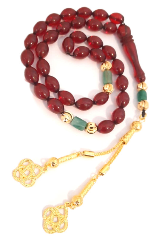 Prayer Beads Emerald Emeralds Green Gift THE DUTCH rich burgandy red amber sand with 18k gold plated beads natural genuine authentic Colombian Emerald rosary. Exclusive Design timeless art Misbaha Tasbih
