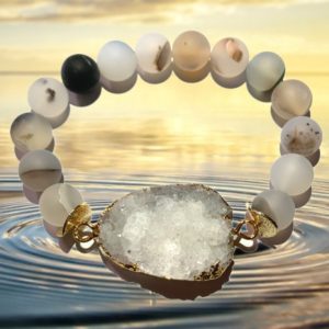 Genuine Crystal Druzy Clear Quartz with 10mm Natural Frosted Crystal Beads