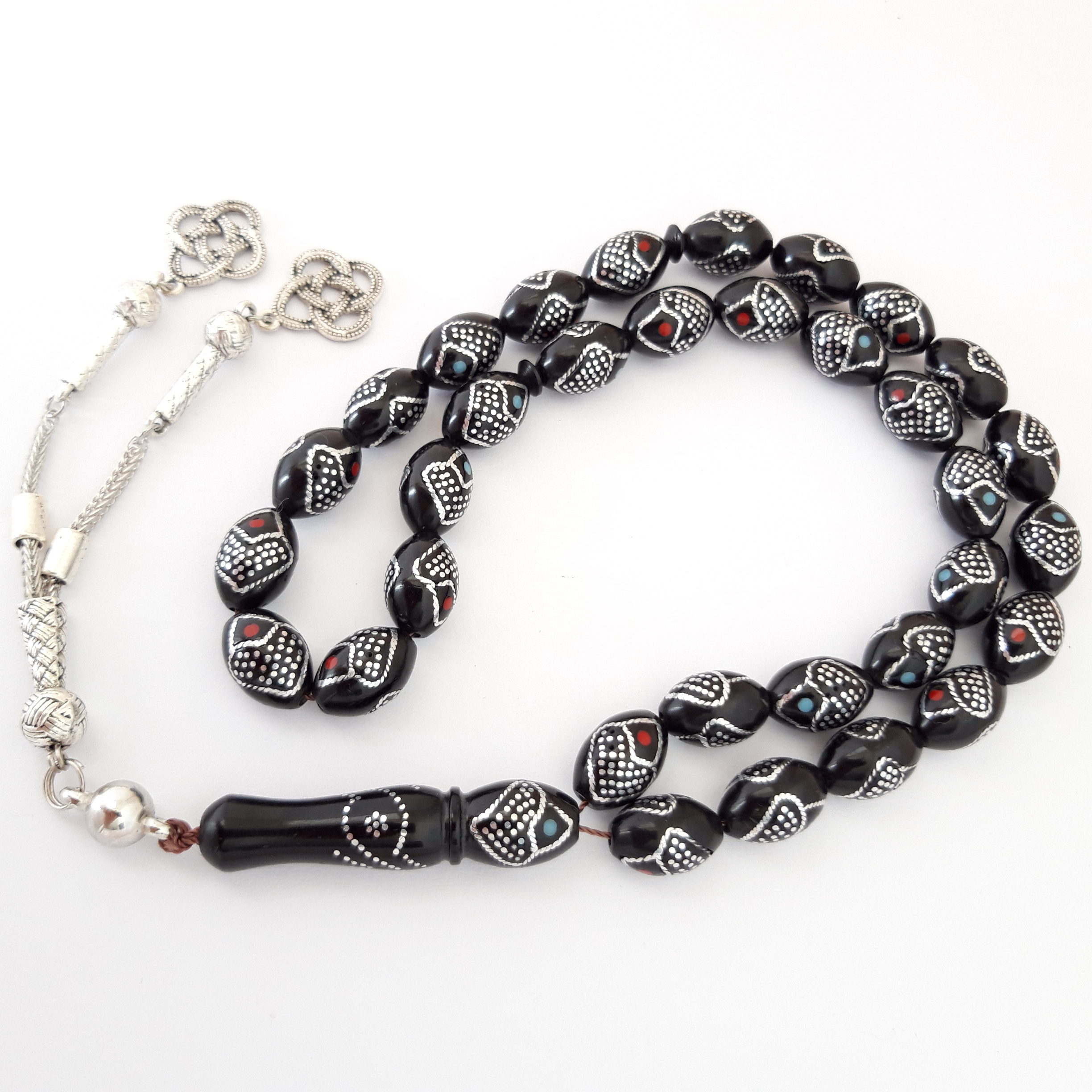 Prayer Beads Rosary Men Gift Tasbih Natural Kook Engraved with 925 Silver Wealth Attraction