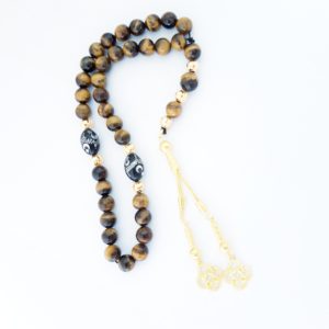Prayer Beads Rosary Men Gift Tasbih Natural Tiger Eye, Kook Moon and Stars 925 Silver, 18k Gold Plated