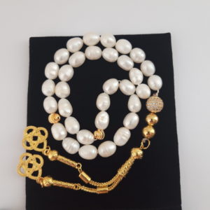 Prayer Beads Rosary Men Gift Tasbih Natural Pearl, 18k Gold Plated and Zircons Beads