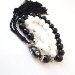 Prayer Beads Rosary Men Gift Tasbih Natural Yin Yang Balance. Onyx and Cotton Agate