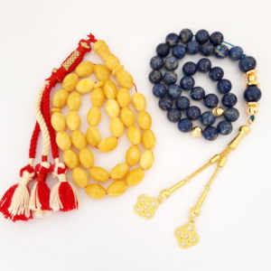 Set of 2. Handmade Natural Lapis Lazuli with18k Gold Beads and Amber Sand Sibha