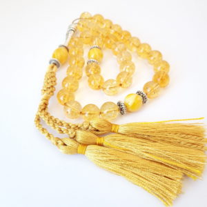 Natural Citrine Gemstone Misbaha with Amber Sand and Yellow Tassel