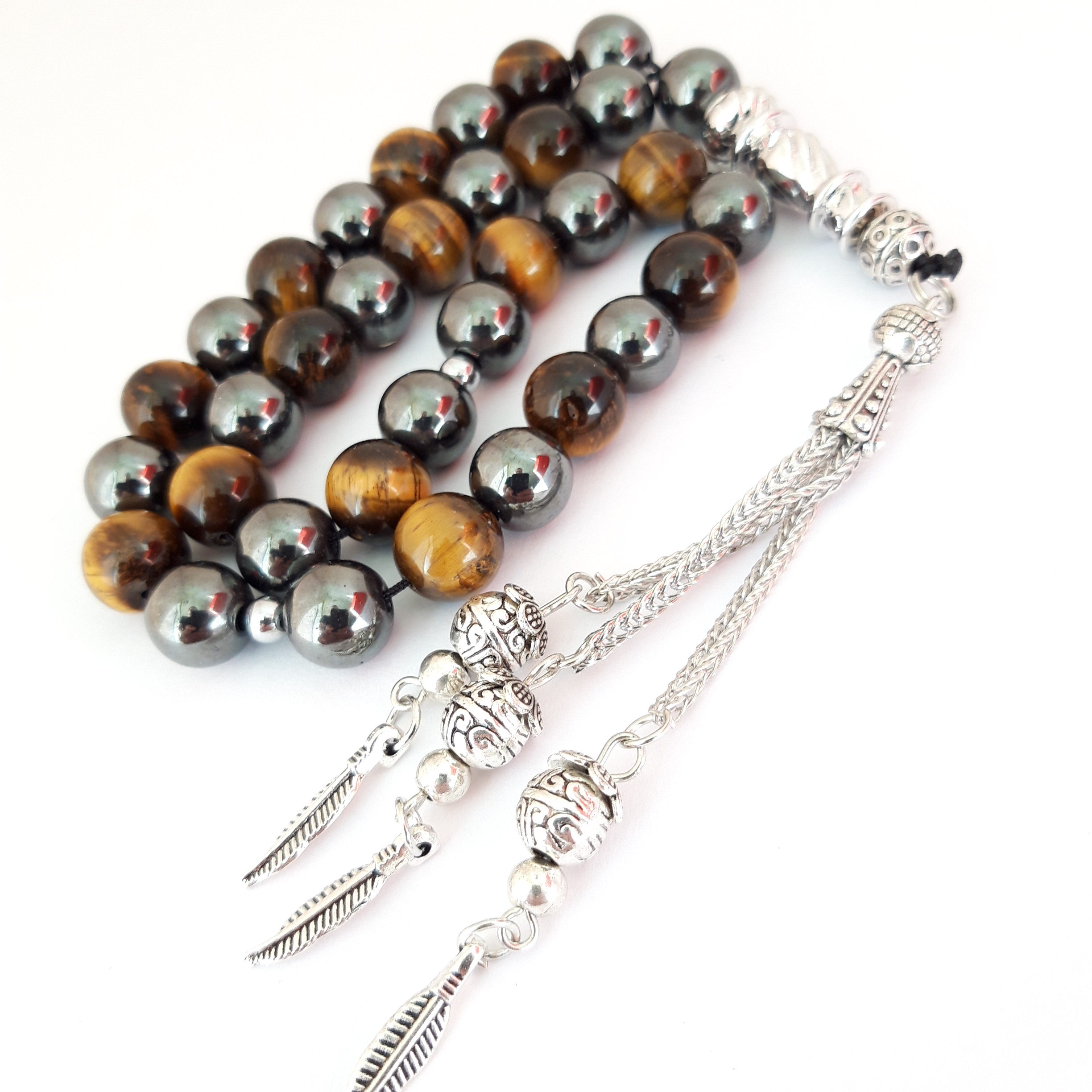 Rosary Prayer Beads Tasbeeh Men Gift Natural Hemitate and Tiger Eye Stones