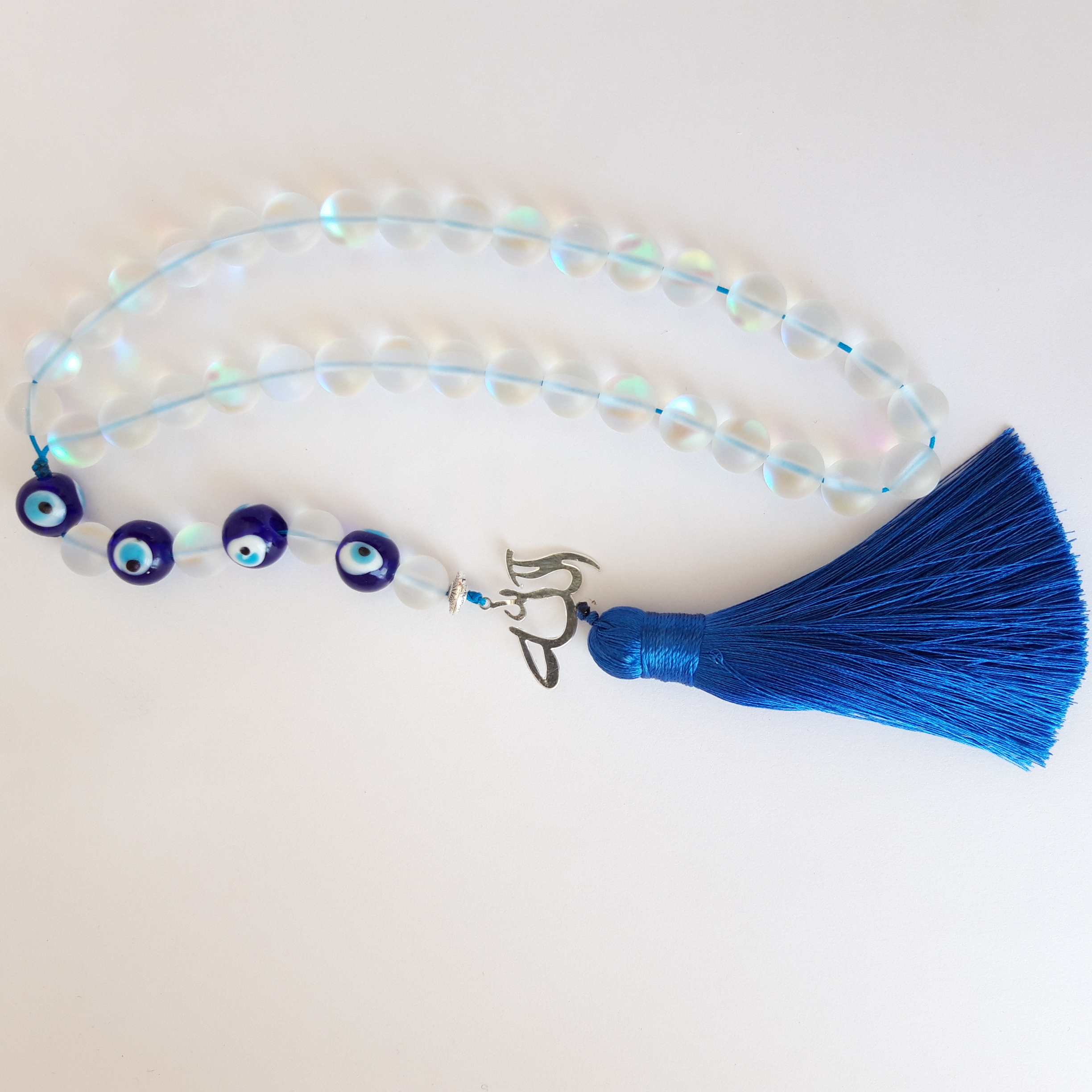 Rosary Prayer Beads Tasbeeh Men Gift Natural Northern Lights Quartz Cristal, Name of God and Evil Eye Beads