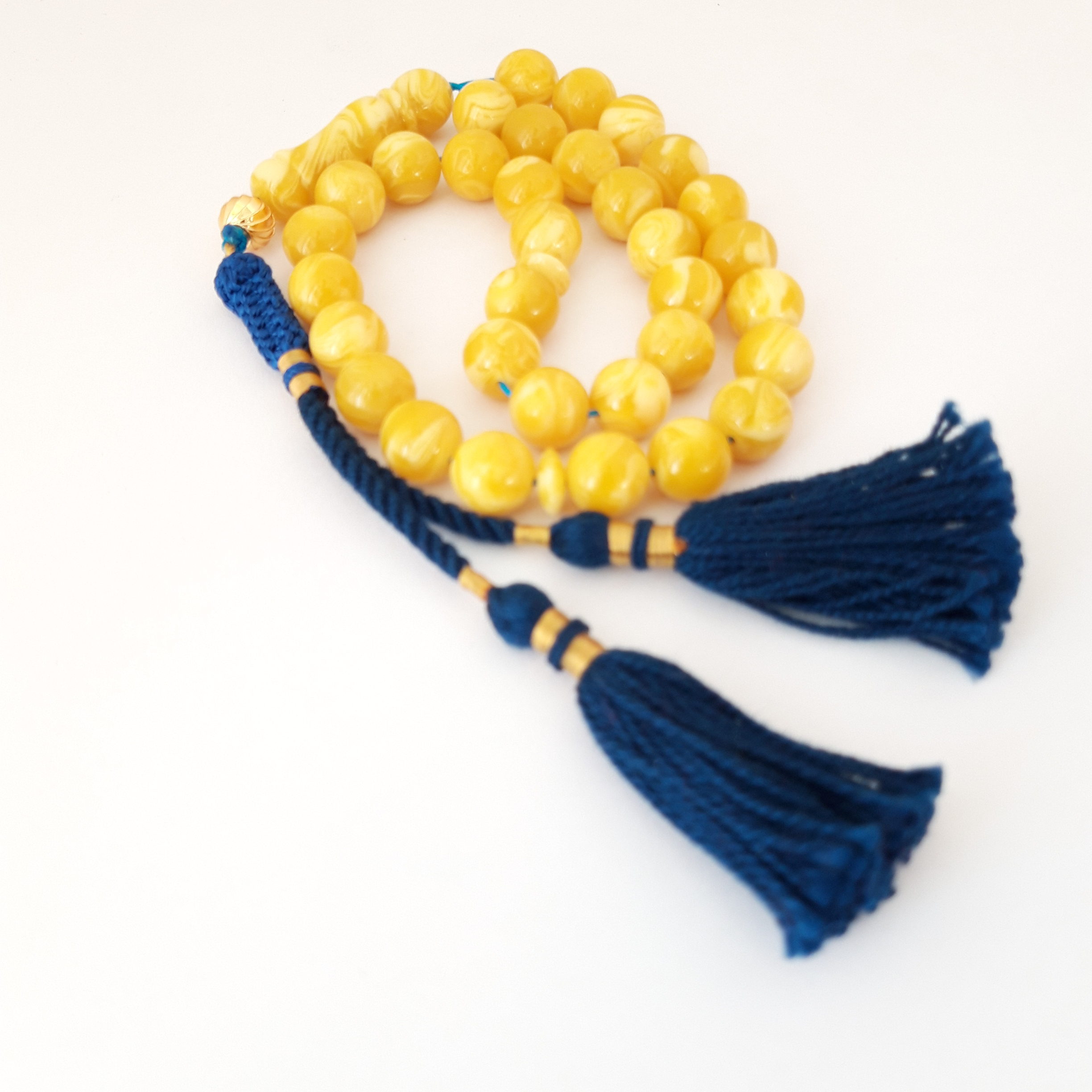 Misbaha Natural Amber Sand Blue Tassel