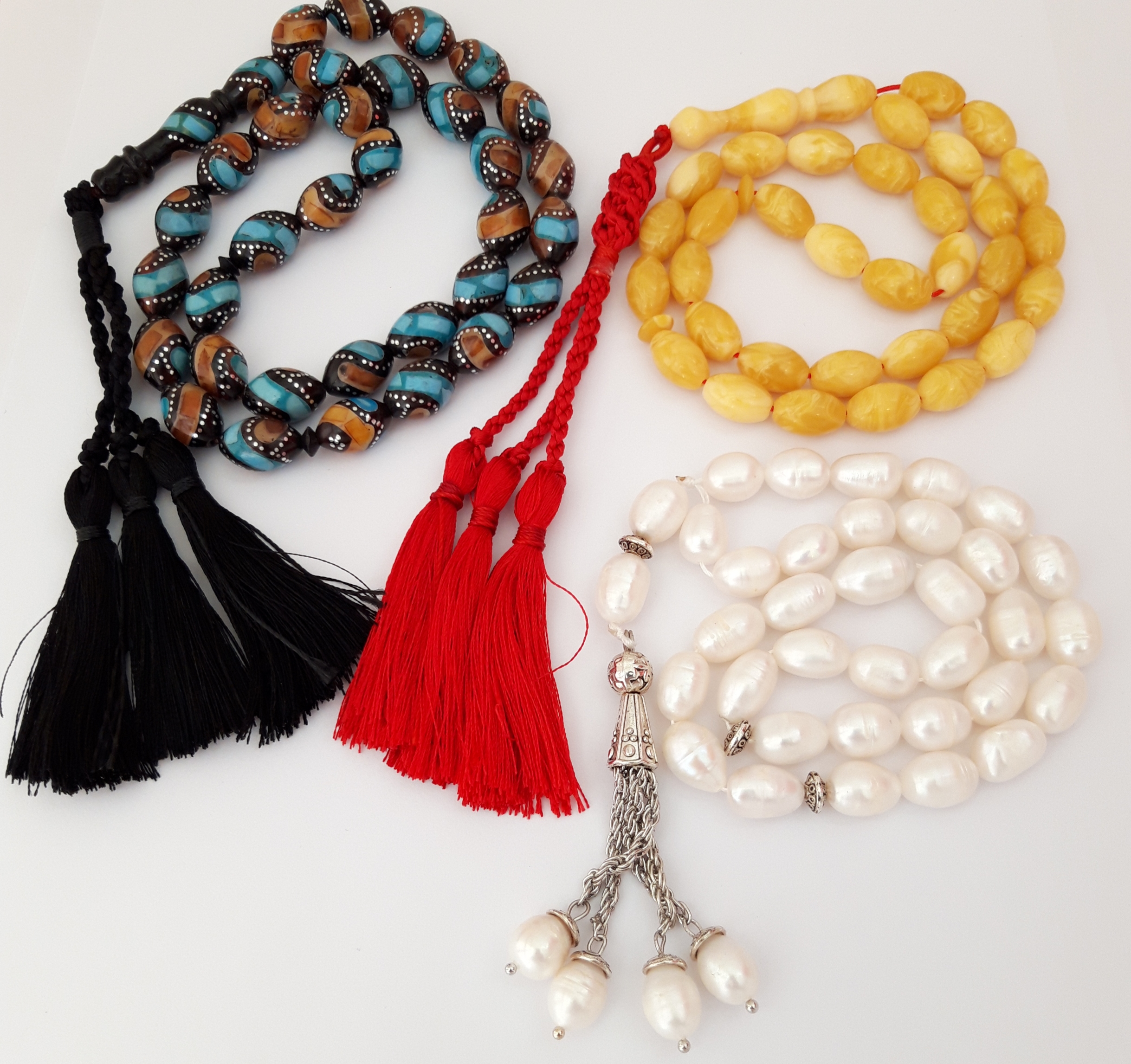3 Handmade Sibhas. Pearl, Kook and Amber Sand