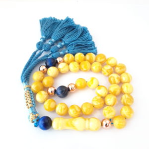 Rosary Prayer Beads Tasbeeh Men Gift Natural Amber Sand and Blue Cat Eye 18k Rose Gold Plated