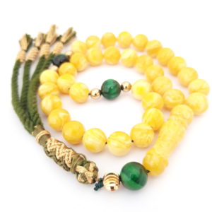 Rosary Gift Prayer Beads Men Tasbih Natural Amber Sand, Green Cat Eye, 18K Gold Plated