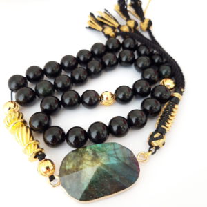 Rosary Prayer Beads Tasbeeh Men Gift Natural Onyx and Labradorite 18k Gold Plated