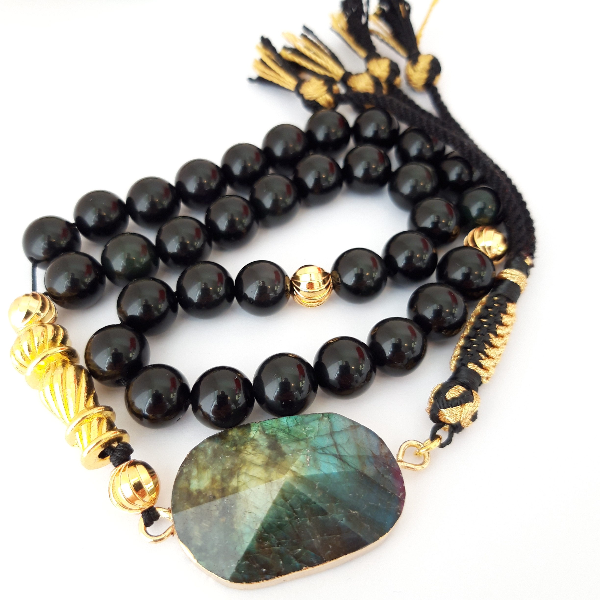 Rosary Prayer Beads Tasbeeh Men Gift Natural Onyx and Labradorite 18k Gold Plated