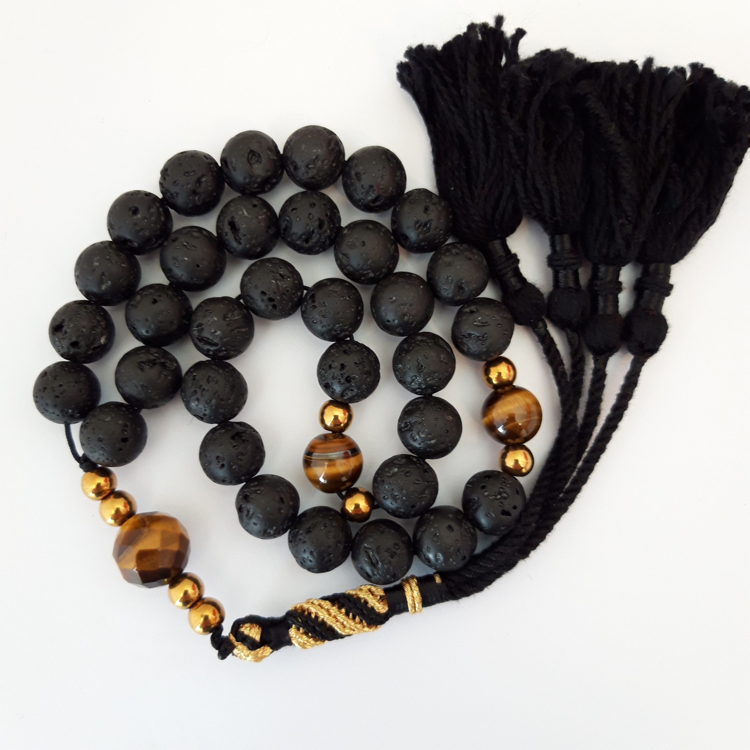 Rosary Prayer Beads Tasbeeh Men Gift Natural Volcanic Lava, Tiger Eye Smooth and Crafted