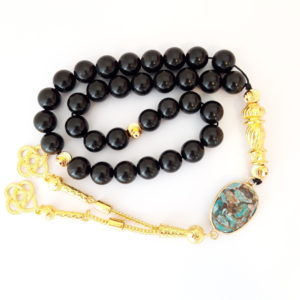 Rosary Prayer Beads Tasbeeh Men Gift Natural Onyx and Turquoise 18k Gold Plated