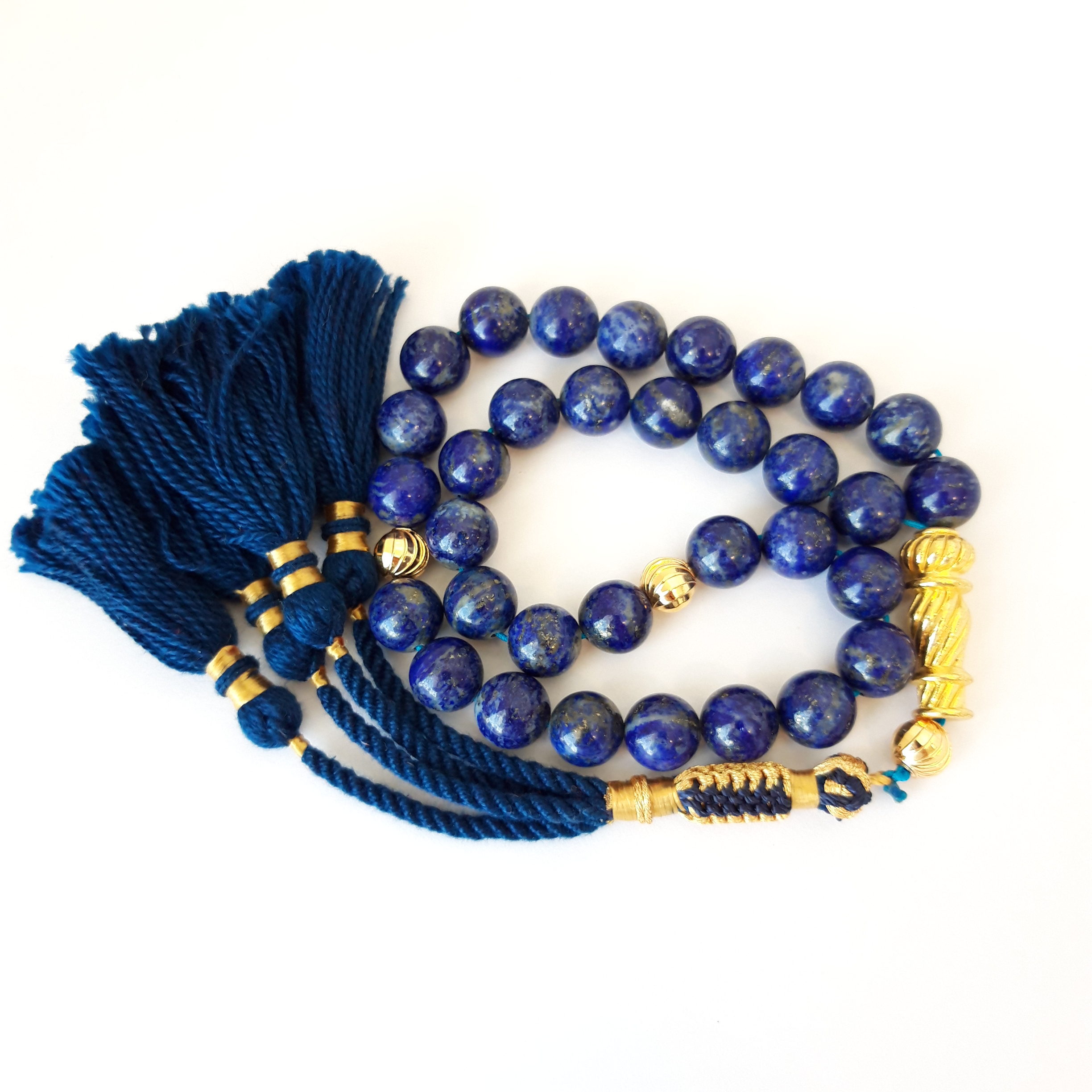 Rosary Prayer Beads Tasbeeh Men Gift Natural Lapis Lazuli 18k Gold Beads Navi Blue Tassel