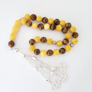 Rosary Prayer Beads Tasbeeh Men Gift Natural Amber Sand and Tiger Eye