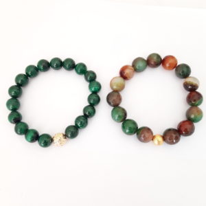 Set of 2 Natura Stones and 18k Gold Plated Beads. Malakite and Brazilian Agate