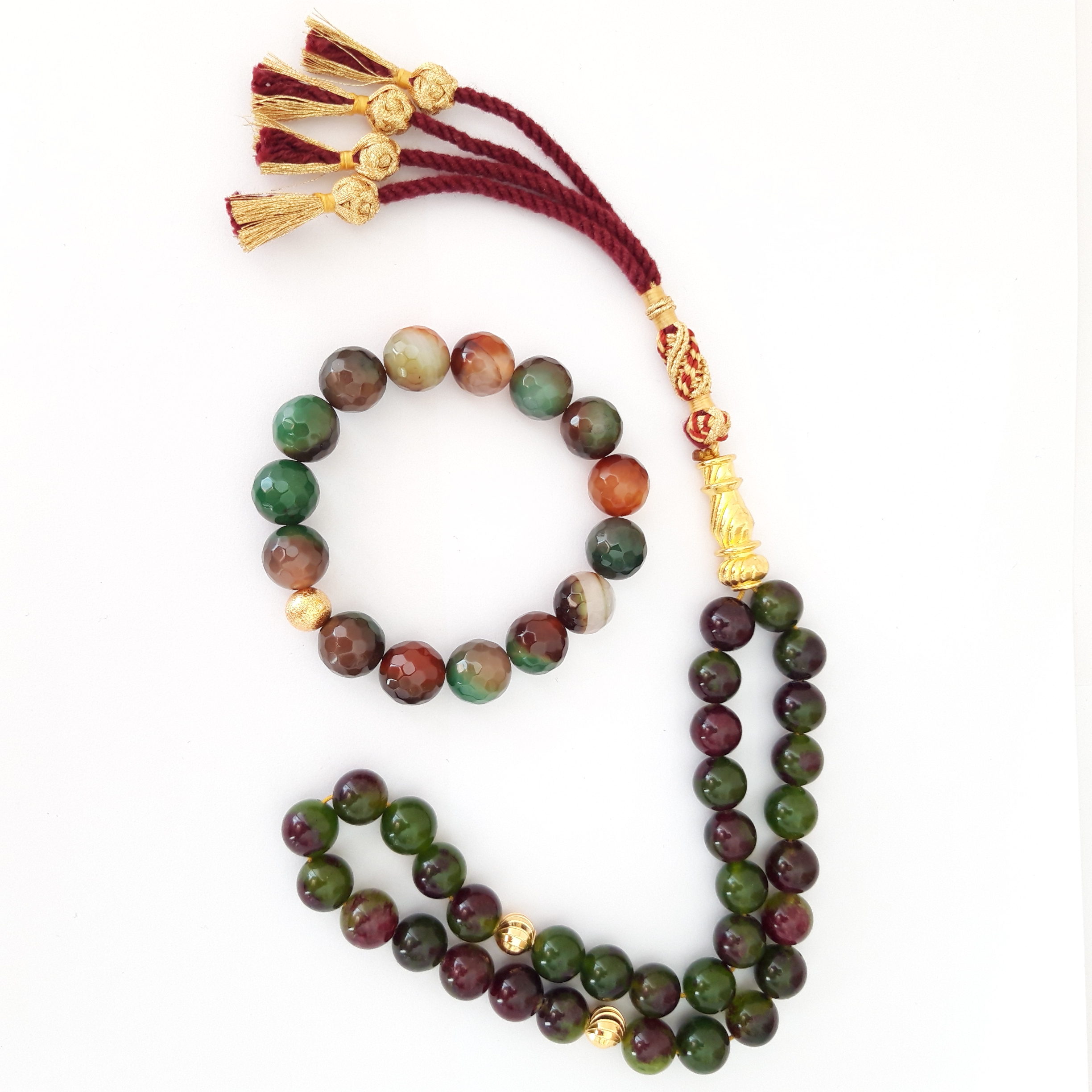 Rosary Gift Prayer Beads Men Tasbih Sets with Bracelet Natural Red and Green Agate 18k Gold Plated