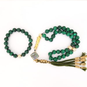 Prayer Beads Rosary Men Gift Tasbih Set with Bracelet Natural Malakite 18k Gold Plated Beads