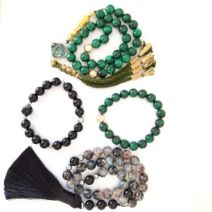 Rosary Gift Prayer Beads Men Tasbih 2 Sets with Bracelets Natural Malakite, Dragon Vains 18k Gold Plated