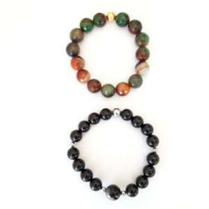 Set of 2 Natural Stones Bracelet and 18k Gold Plated Beads. Onxy with Alaskan Agate, Brazilian Agate