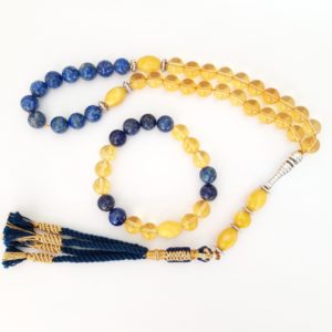 Prayer Beads Rosary Men Gift Tasbih Set with Bracelet Natural Citrine Lapis Lazuli