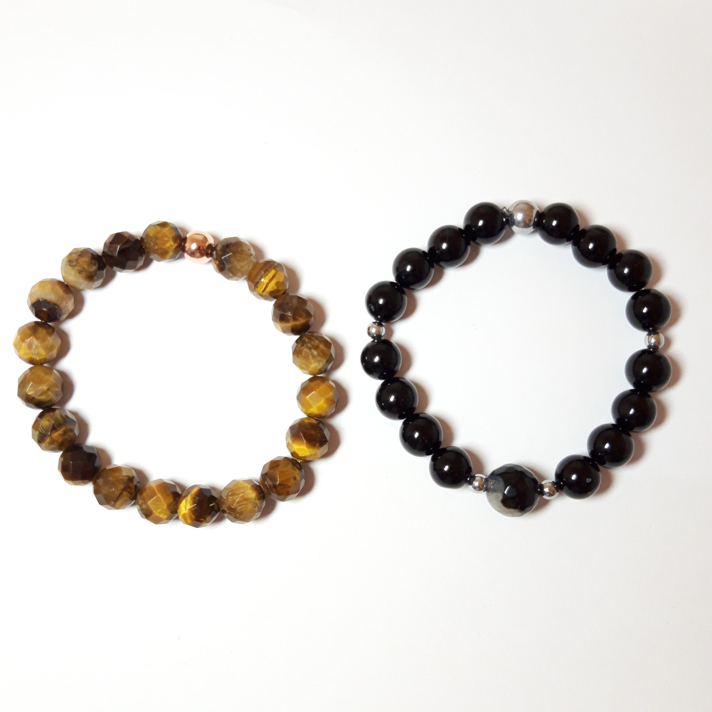 Set of 2 Natural Stones Bracelet and 18k Gold Plated Beads. Onxy with Alaskan Agate, Hand Craft Tiger Eye