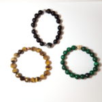 Set of 3 Natural Stones Bracelet and 18k Gold Plated Beads. Malakite, Onxy with Alaskan Agate, Crafted Tiger Eye