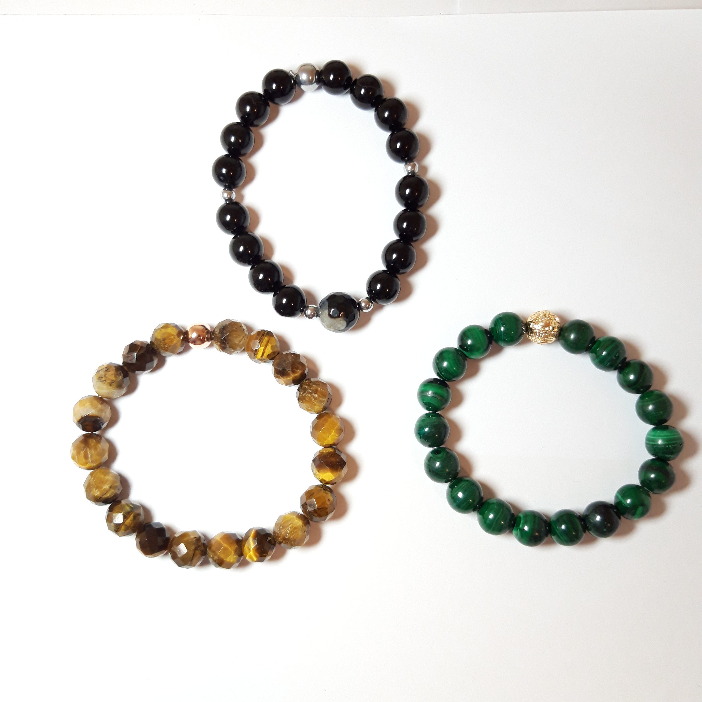 Set of 3 Natural Stones Bracelet and 18k Gold Plated Beads. Malakite, Onxy with Alaskan Agate, Crafted Tiger Eye