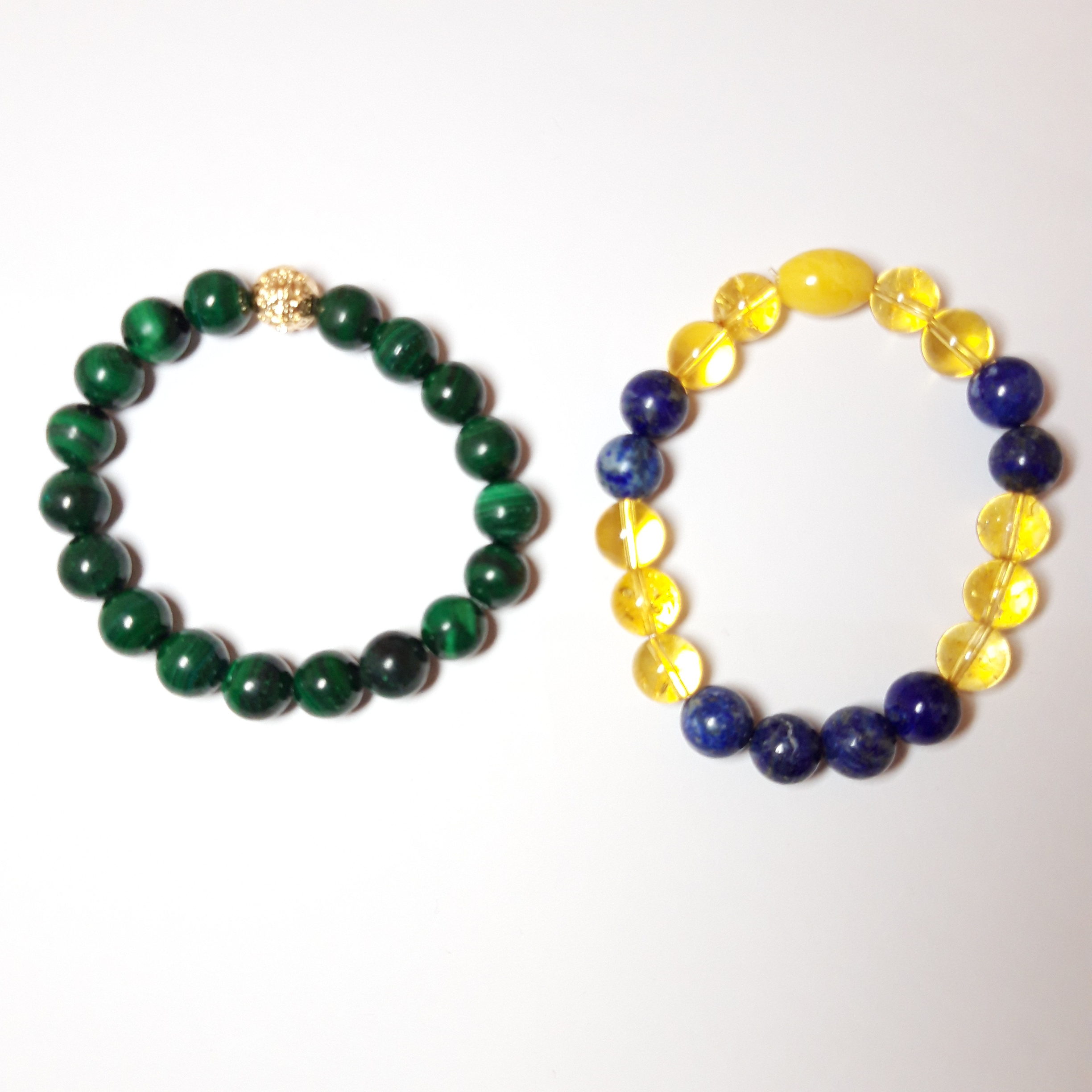 Set of 2 Natura Stones and 18k Gold Plated Beads. Malakite and Citrine with Lapis Lazuli and Amber. Perfect Gift for her, for him, mom daughter, his hers, dad mom, dad daughter, friends