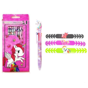 Girls Kids set of unicorn multi color pen, colours colors and cup plate mug and 3 mask holders