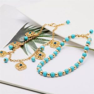 2 anklets turcoise color beads and hanging charms sexy elegant