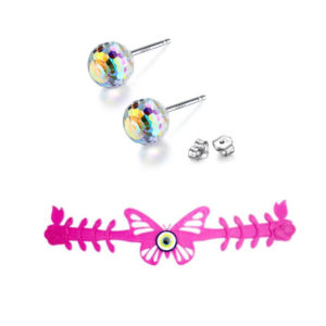 Mask holder butterfly pink with crystal earrings changes color with light sun