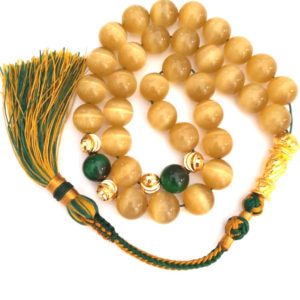 Islam Muslim Rosary Honey Cat Eye 12MM 18k Gold Plated Beads with Handmade Yellow and Green Tassel