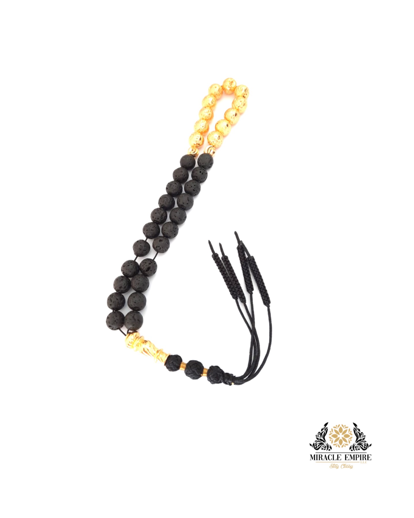Prayer Beads Natural Volcanic Gold and Black Stone with Handmade Tassel