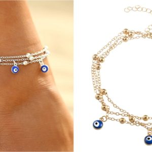 Evil Eyes yellow plated silver base anklet 3 layers fashionable sexy