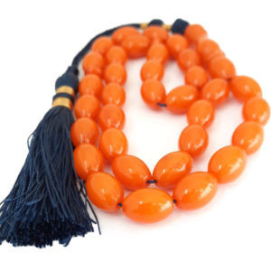 Prayer Beads Poland Amber Sand Carrot Color 12mm. Handmade Navy Blue Tassel
