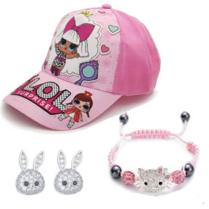 Bracelet, bunny earrings gold plated and circons and hat  for girls birthday gift pink hello kitty rope