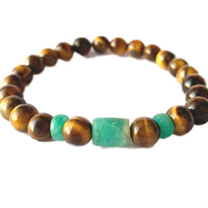 Emerald Emeralds Green Gift THE TIGER Natural tiger eye 8mm with genuine 3 Colombian Emeralds (2 wheels + 1 bar ~1cm) bracelet