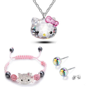 Crystals woman girls set hello kity necklace, crystal earrings and pink rope bracelet