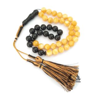 Tasbeeh Misbaha Prayer Beads Natural Amber Sand and Onyx with Red and Yellow Handmade Tassel