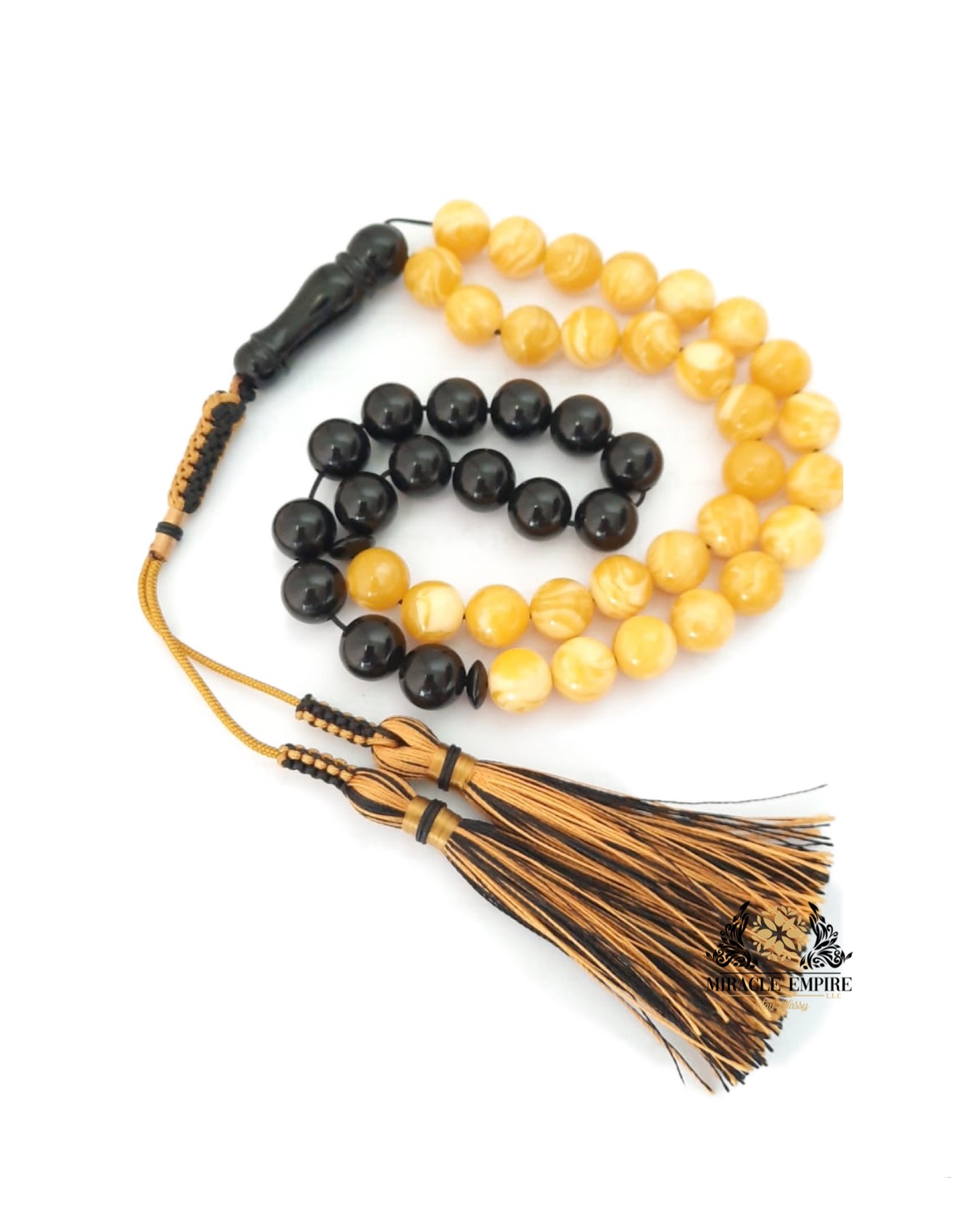 Tasbeeh Misbaha Prayer Beads Natural Amber Sand and Onyx with Red and Yellow Handmade Tassel