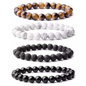 4 Bracelets Set
Natural Tiger eye, Howlite, Lava Stone & Black Onyx
