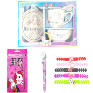 Girls Kids set of unicorn multi color pen, colours colors and cup plate mug and 5 mask holders