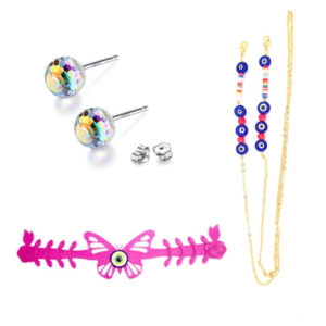2 Mask holders one butterfly pink with crystal, one chain and earrings changes color with light sun