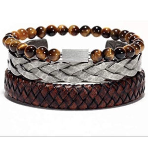 3 bracelets set tiger eye, natural leather and stainless steel